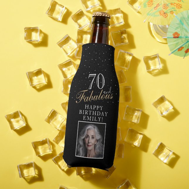 70 and Fabulous Elegant Black Photo 70th Birthday Bottle Cooler (In Situ Summer)