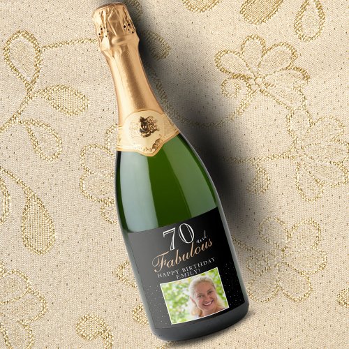 70 and Fabulous Elegant Black Photo 70th Birthday Sparkling Wine Label