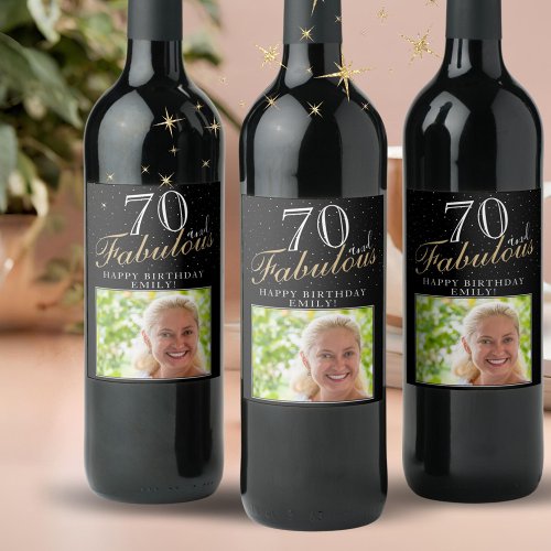 70 and Fabulous Elegant Black Photo 70th Birthday Wine Label