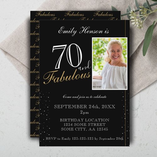 70 and Fabulous Elegant Black Photo Birthday Invitation