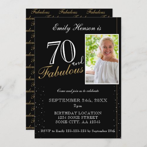 70 and Fabulous Elegant Black Photo Birthday Invitation - 70 and Fabulous Elegant Black Photo Birthday Invitation. Black elegant photo birthday party invitation. Fabulous pattern is on the backside. Add your photo and customize the text on the invitation. Great for a woman`s 70th birthday party.