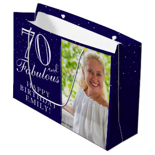 70 and Fabulous Elegant Blue 70th Birthday Photo Large Gift Bag