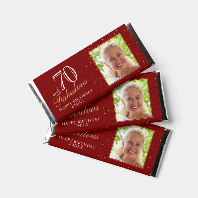 70 and Fabulous Elegant Red 70th Birthday Photo Hershey Bar Favors (Front)