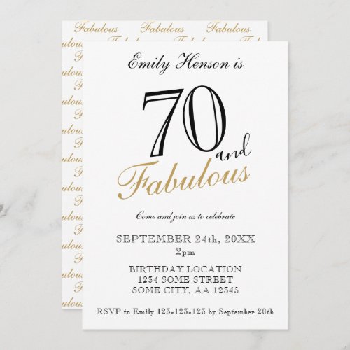 70 and Fabulous Elegant Script Birthday  Invitation - 70 and Fabulous Elegant Script Birthday Invitation. Elegant birthday party invitation. Fabulous pattern is on the backside. Customize the text on the invitation. Great for a woman`s 70th birthday party.