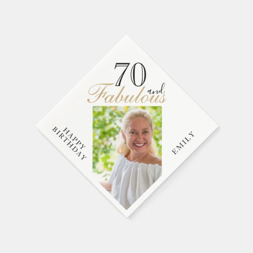 70 and Fabulous Elegant Script Photo 70th Birthday Napkins - 70 and Fabulous Black Elegant Script Photo 70th Birthday Napkins. Make your own 70th birthday party paper napkin for her. Customize with the name and age and insert your photo into the template.