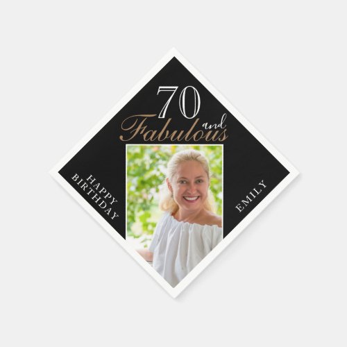 70 and Fabulous Elegant Script Photo 70th Birthday Napkins - 70 and Fabulous Black Elegant Script Photo 70th Birthday Napkins. Make your own 70th birthday party paper napkin for her. Customize with the name and age and insert your photo into the template.