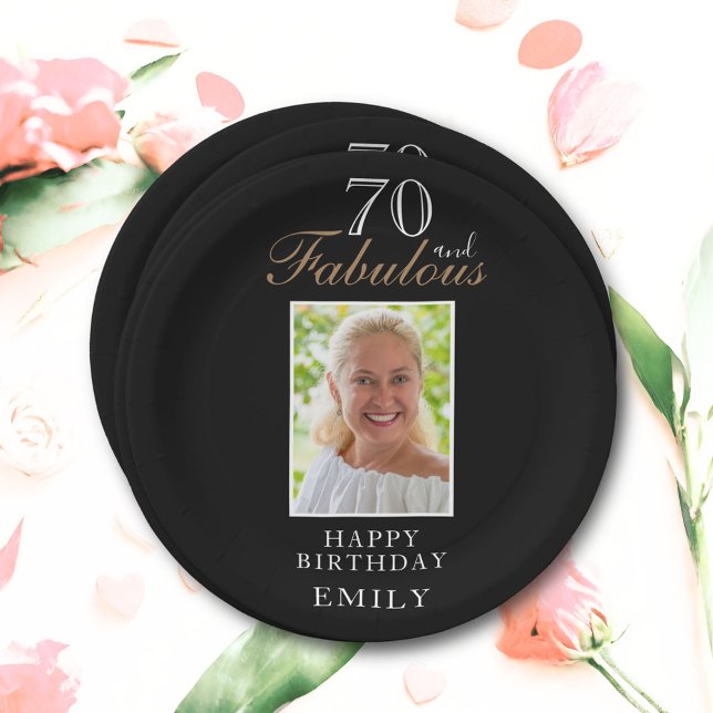 70 and Fabulous Elegant Script Photo 70th Birthday Paper Plates (Creator Uploaded)
