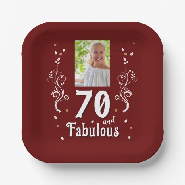 70 and Fabulous Foliage Red 70th Birthday Photo Paper Plates (Front)