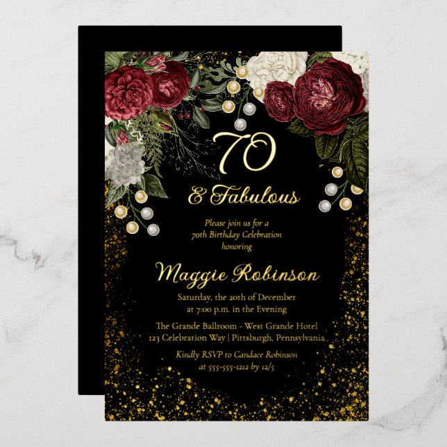 70 and Fabulous Glam Rose Floral Birthday Party Foil Invitation (Front/Back)