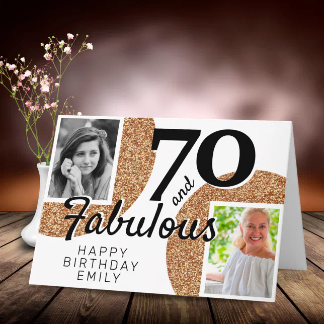 70 and Fabulous Gold Glitter 2 Photo 70th Birthday Card | Zazzle