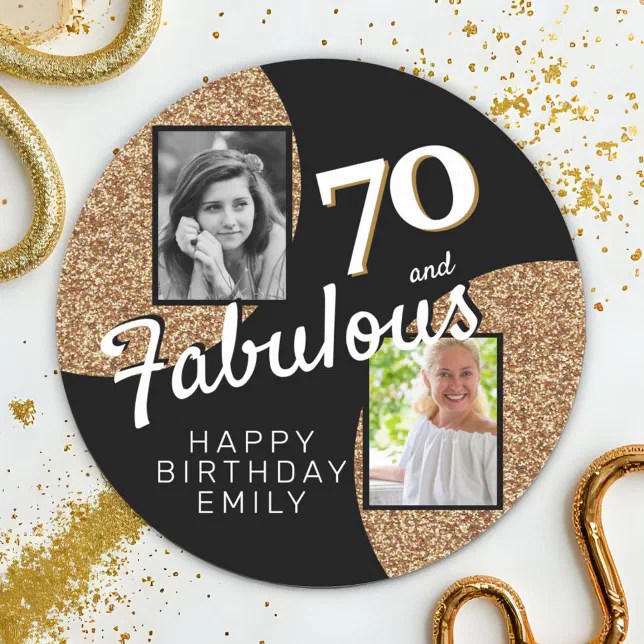 70 and Fabulous Gold Glitter 2 Photo 70th Birthday Classic Round ...