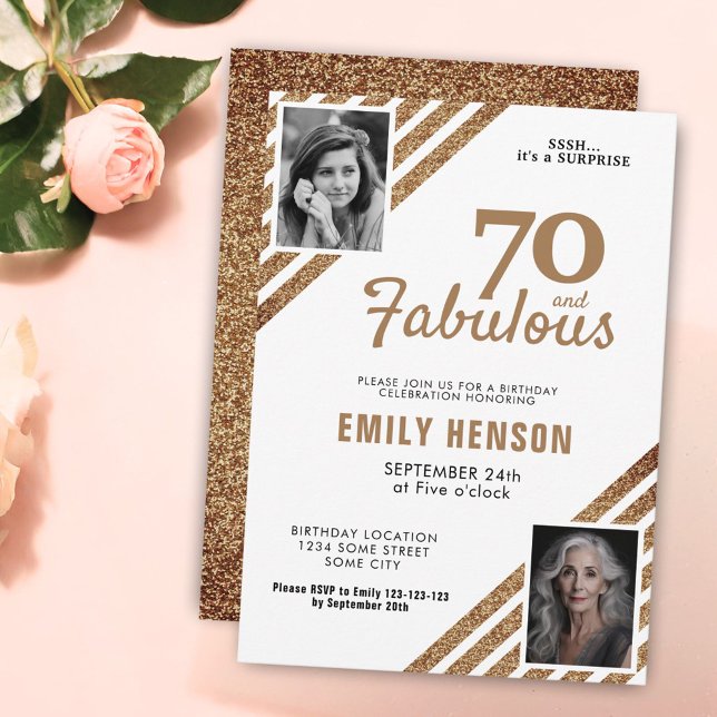 70 and Fabulous Gold Glitter 2 Photo 70th Birthday Invitation (Creator Uploaded)