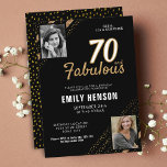 70 and Fabulous Gold Glitter 2 Photo 70th Birthday Invitation<br><div class="desc">70 and Fabulous Gold Glitter 2 Photo 70th Birthday Surprise Party Invitation. Modern and elegant black and faux gold glitter birthday invitation for her. Add your photos - you can use an old and a new photo. You can change all the text.</div>