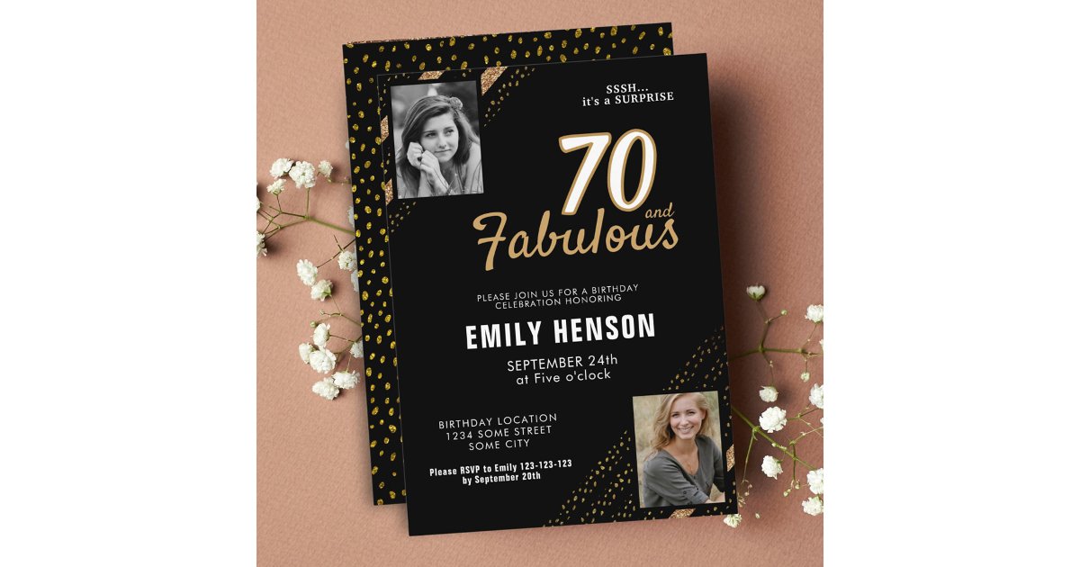 70 and Fabulous Gold Glitter 2 Photo 70th Birthday Invitation | Zazzle