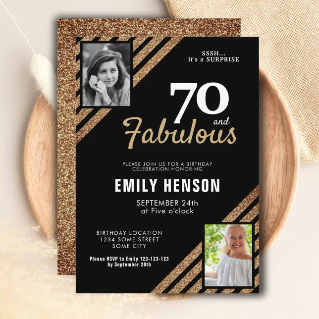 70 and Fabulous Gold Glitter 2 Photo 70th Birthday Invitation | Zazzle