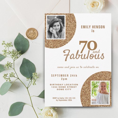 70 and Fabulous Gold Glitter 2 Photo 70th Birthday Invitation