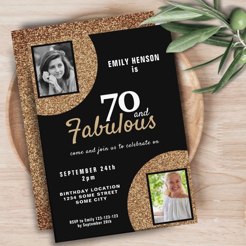 70 and Fabulous Gold Glitter 2 Photo 70th Birthday Invitation