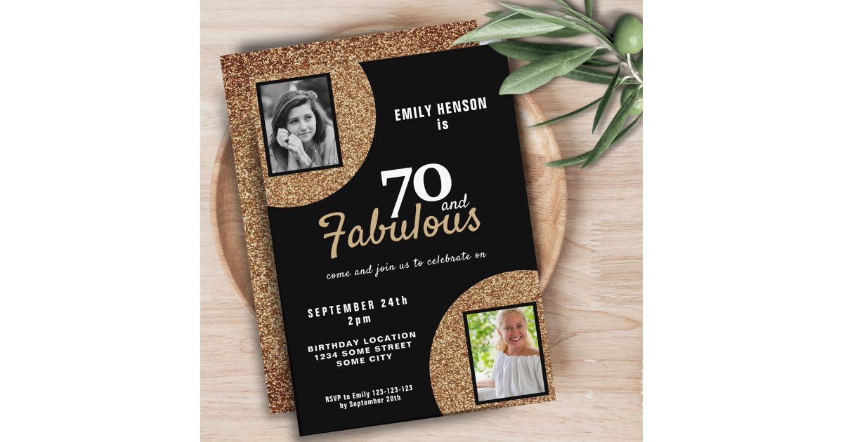70 and Fabulous Gold Glitter 2 Photo 70th Birthday Invitation | Zazzle