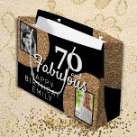 70 and Fabulous Gold Glitter 2 Photo 70th Birthday Large Gift Bag<br><div class="desc">70 and Fabulous Gold Glitter 2 Photo 70th Birthday Gift Bag. Faux gold glitter on black with 2 photos - you can use an old and a new photo. Add your name and age and make a great elegant personalized gift bag for the milestone birthday celebration.</div>