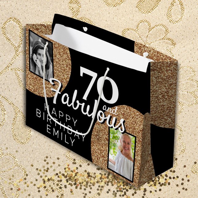 70 and Fabulous Gold Glitter 2 Photo 70th Birthday Large Gift Bag (Creator Uploaded)