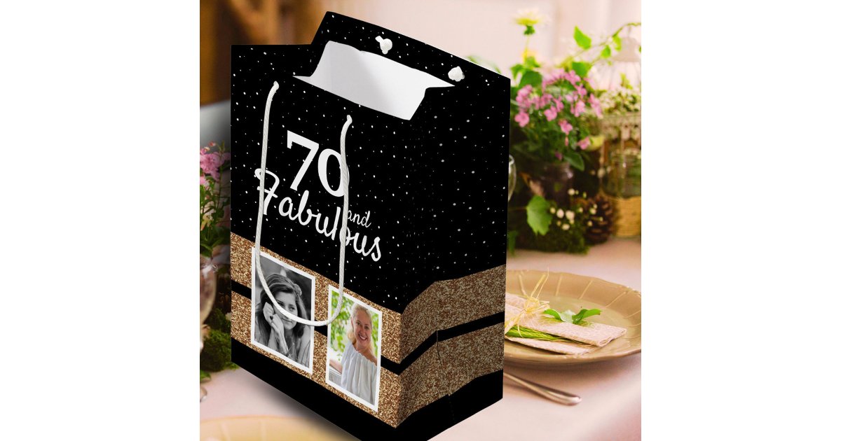 70 and Fabulous Gold Glitter 2 Photo 70th Birthday Medium Gift Bag | Zazzle