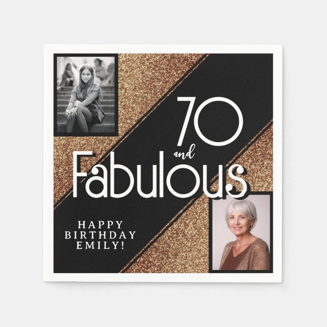 70 and Fabulous Gold Glitter 2 Photo 70th Birthday Napkins (Front)