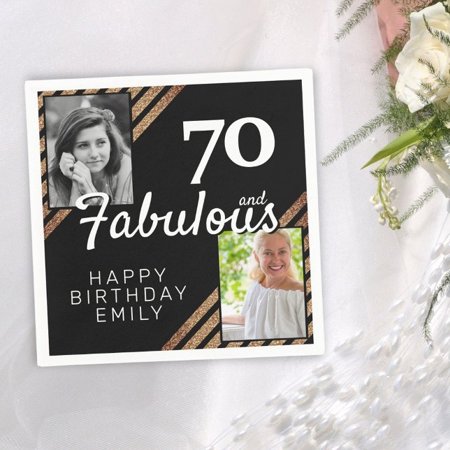 70 and Fabulous Gold Glitter 2 Photo 70th Birthday Napkins (Creator Uploaded)