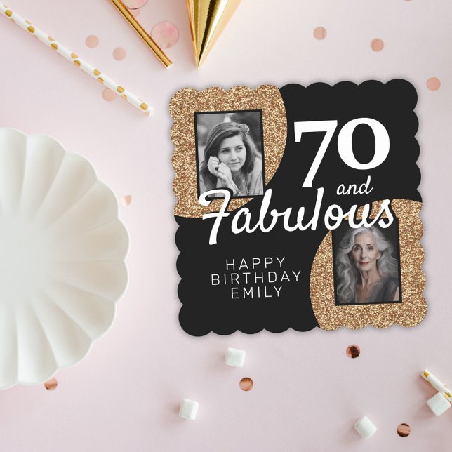 70 and Fabulous Gold Glitter 2 Photo 70th Birthday Paper Coaster (Creator Uploaded)