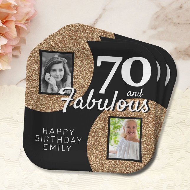 70 and Fabulous Gold Glitter 2 Photo 70th Birthday Paper Plates (Creator Uploaded)