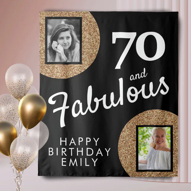 70 and Fabulous Gold Glitter 2 Photo 70th Birthday Tapestry | Zazzle