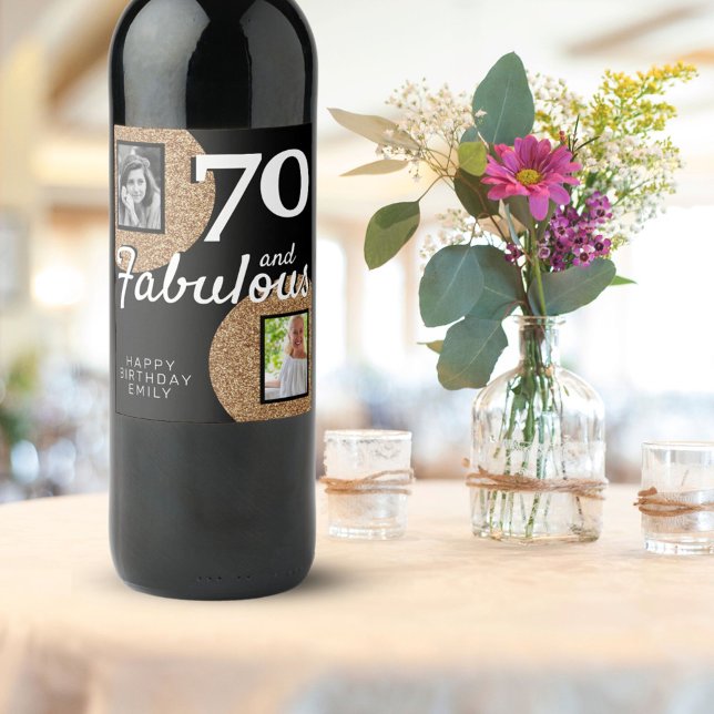 70 and Fabulous Gold Glitter 2 Photo 70th Birthday Wine Label (Creator Uploaded)