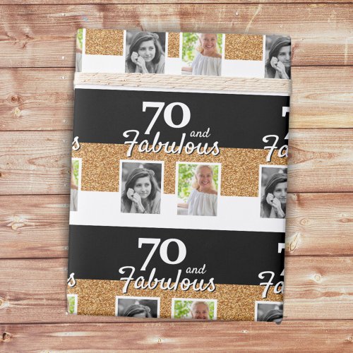 70 and Fabulous Gold Glitter 2 Photo 70th Birthday Wrapping Paper