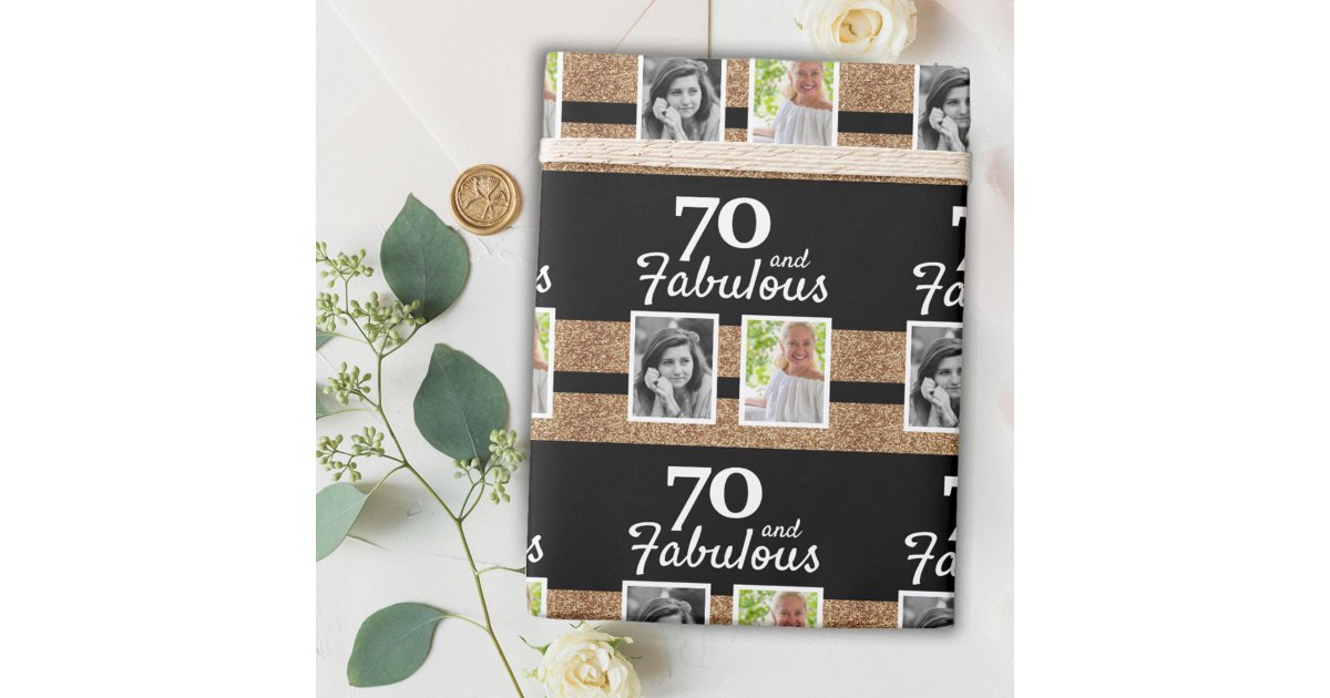 70 and Fabulous Gold Glitter 2 Photo 70th Birthday Wrapping Paper | Zazzle