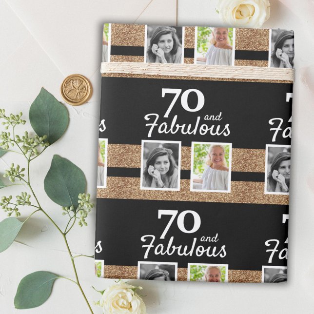 70 and Fabulous Gold Glitter 2 Photo 70th Birthday Wrapping Paper (Creator Uploaded)