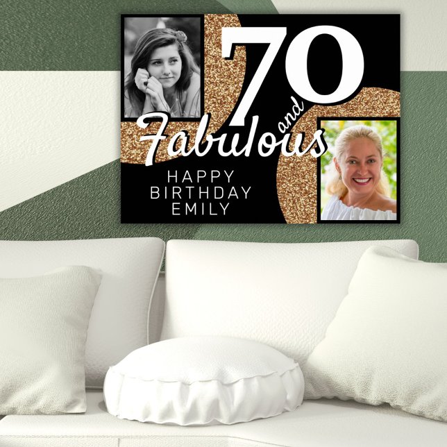 70 and Fabulous Gold Glitter 2 Photo Birthday Poster (Creator Uploaded)