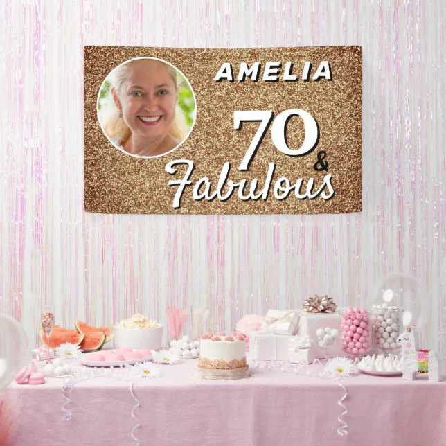 70 and Fabulous Gold Glitter 70th Birthday Photo Banner | Zazzle