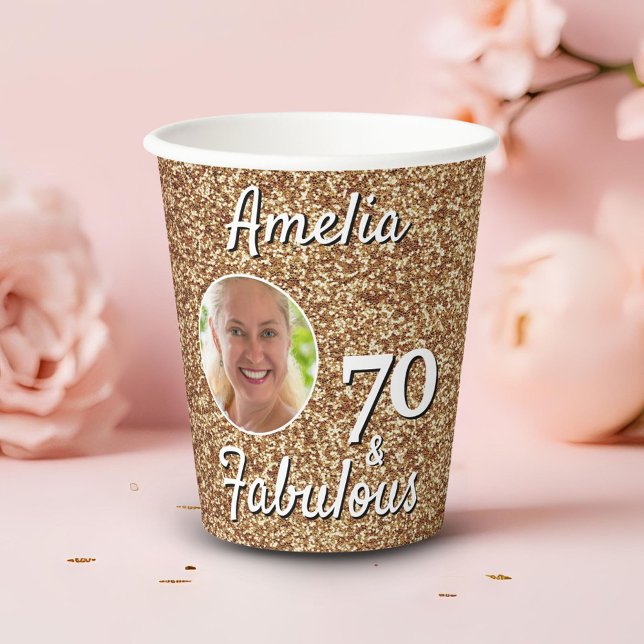 70 and Fabulous Gold Glitter 70th Birthday Photo Paper Cups (Creator Uploaded)