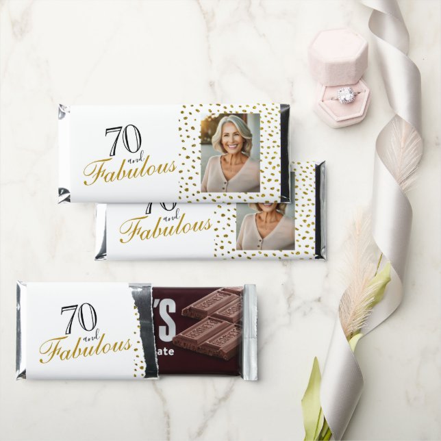 70 and Fabulous Gold Glitter Photo 70th Birthday Hershey Bar Favors (Front)