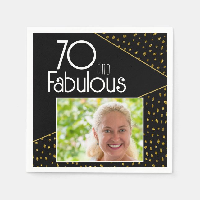 70 and Fabulous Gold Glitter Photo 70th Birthday Napkins (Front)