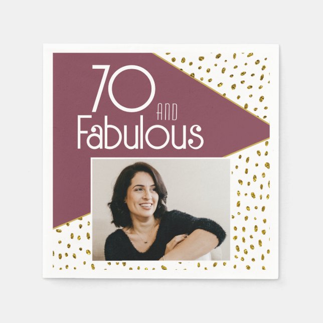 70 and Fabulous Gold Glitter Photo 70th Birthday Napkins (Front)