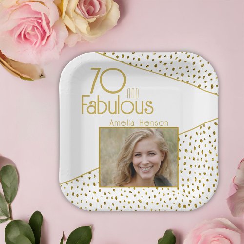 70 and Fabulous Gold Glitter Photo 70th Birthday Paper Plates