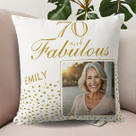 70 and Fabulous Gold Glitter Photo 70th Birthday Throw Pillow<br><div class="desc">70 and Fabulous Gold Glitter Photo 70th Birthday Throw Pillow. The design has faux gold glitter dots and the saying 70 and fabulous is in modern script. Make your own 70th birthday pillow for her. Customize with the name,  age and insert your photo into the template.</div>