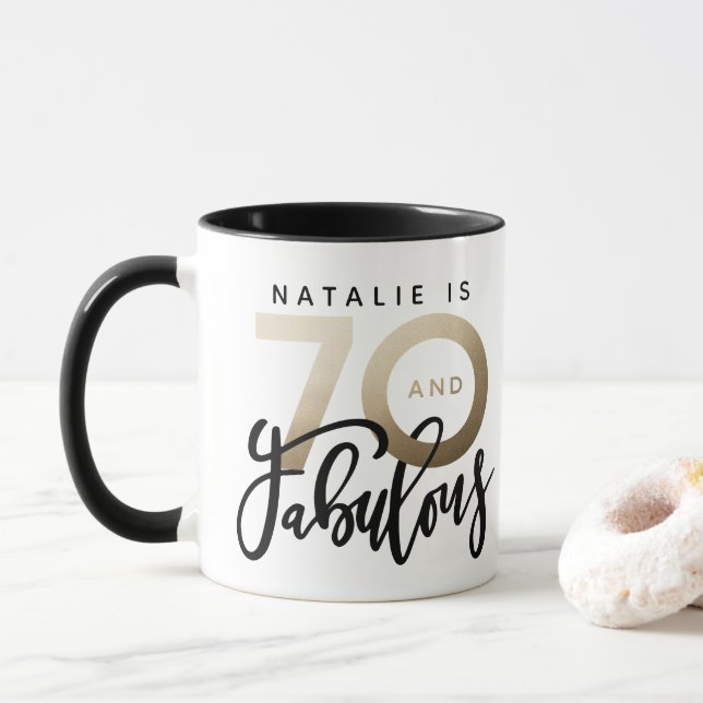 70 and fabulous gold metallic birthday mug (With Donut)