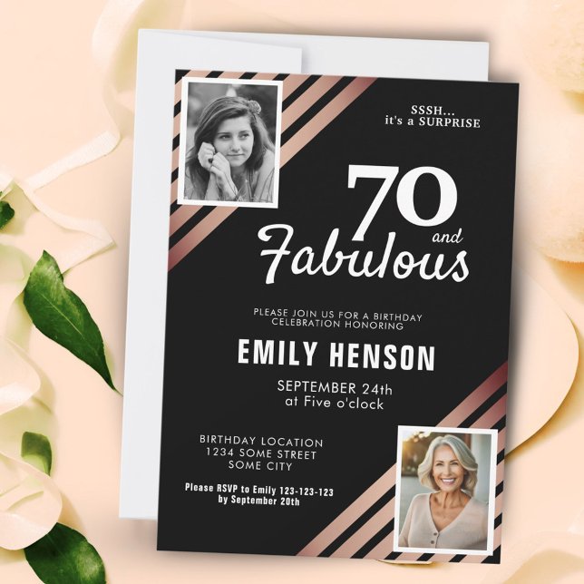 70 and Fabulous Gold Rose 2 Photo Birthday Invitation (Creator Uploaded)