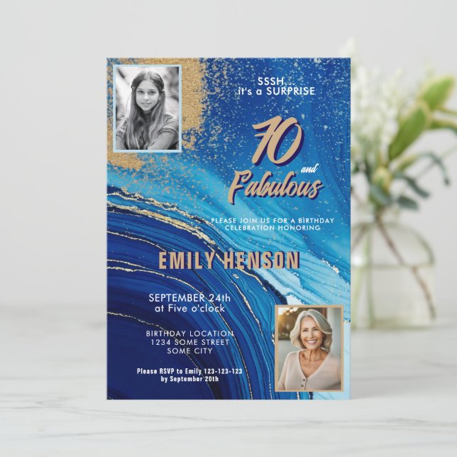 70 and Fabulous Marble Glitter 2 Photo Birthday Invitation (Standing Front)