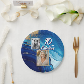 70 and Fabulous Marble Glitter 2 Photo Birthday Paper Plates