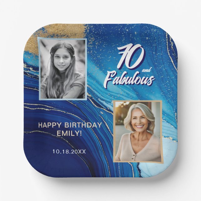 70 and Fabulous Marble Glitter 2 Photo Birthday Paper Plates (Front)