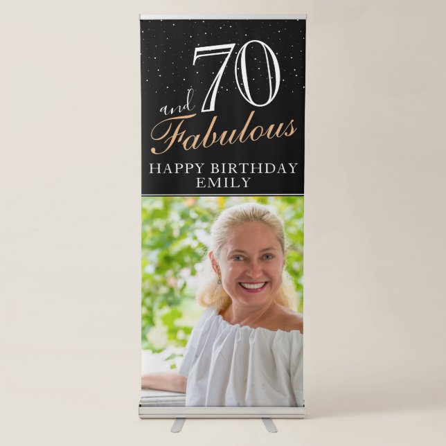 70 and Fabulous Modern Black 70th Birthday Photo  Retractable Banner (Front)