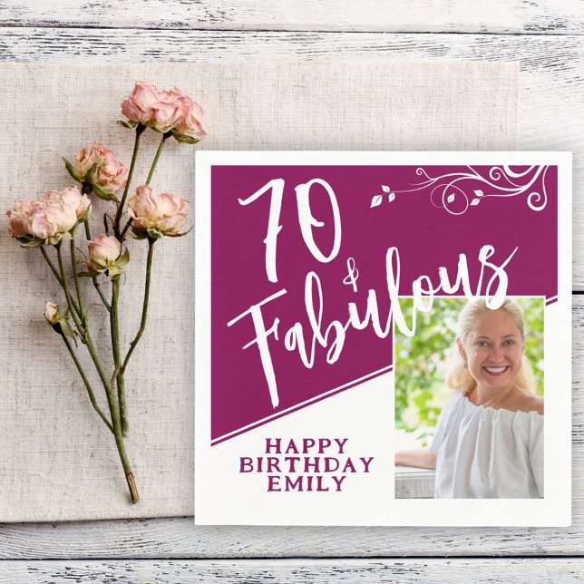 70 and Fabulous Script Photo Magenta 70th Birthday Napkins (Creator Uploaded)