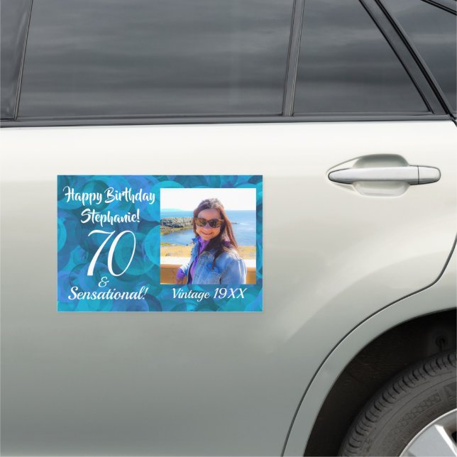 70 and Sensational Ocean Blue Birthday Photo Car Magnet (In Situ)